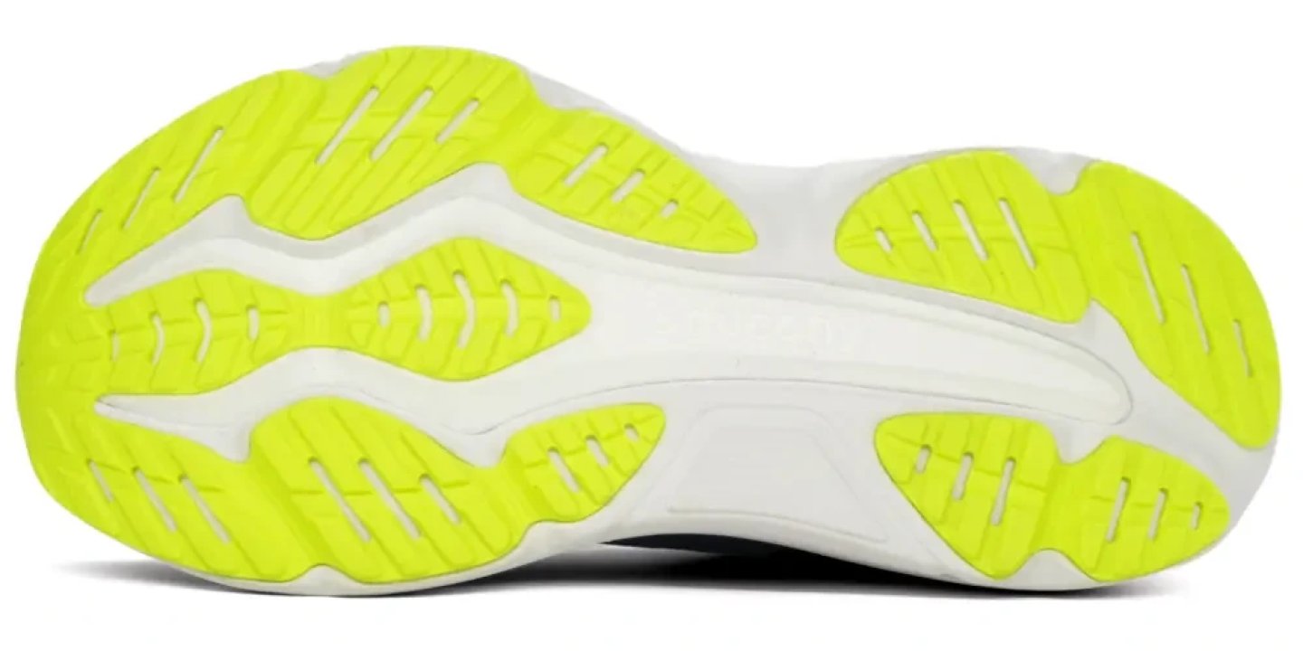 Bottom view of Saucony Hurricane 25 running shoe outsole with neon yellow rubber pods and white midsole base
