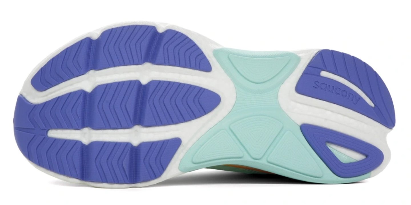 Bottom view of Saucony Omni 23 ST running shoe outsole with blue rubber lugs, mint midfoot zone, and chevron tread pattern.