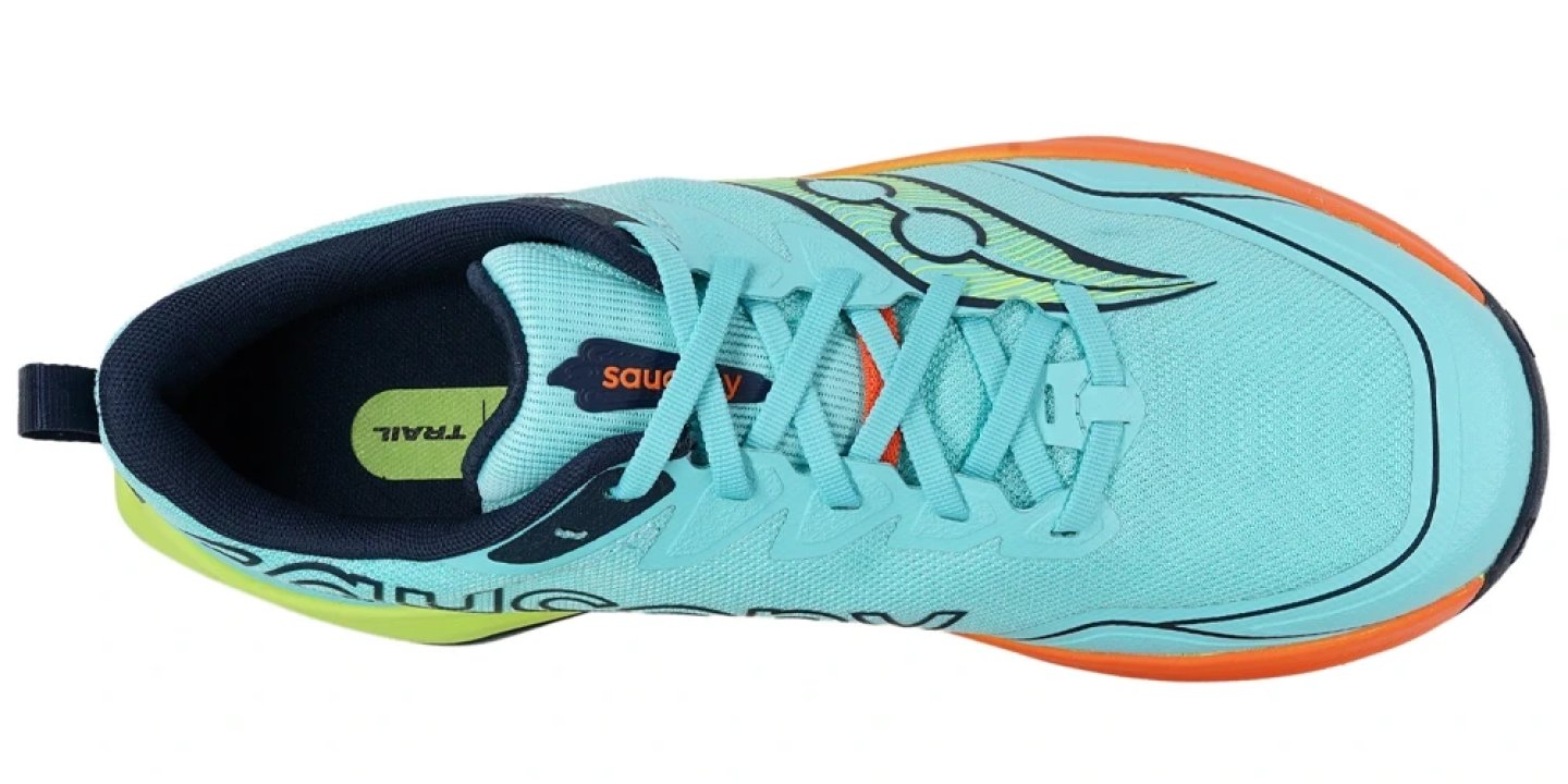 Top view of Saucony Peregrine Boven trail running shoe in aqua blue with orange, lime green, and navy colour accents