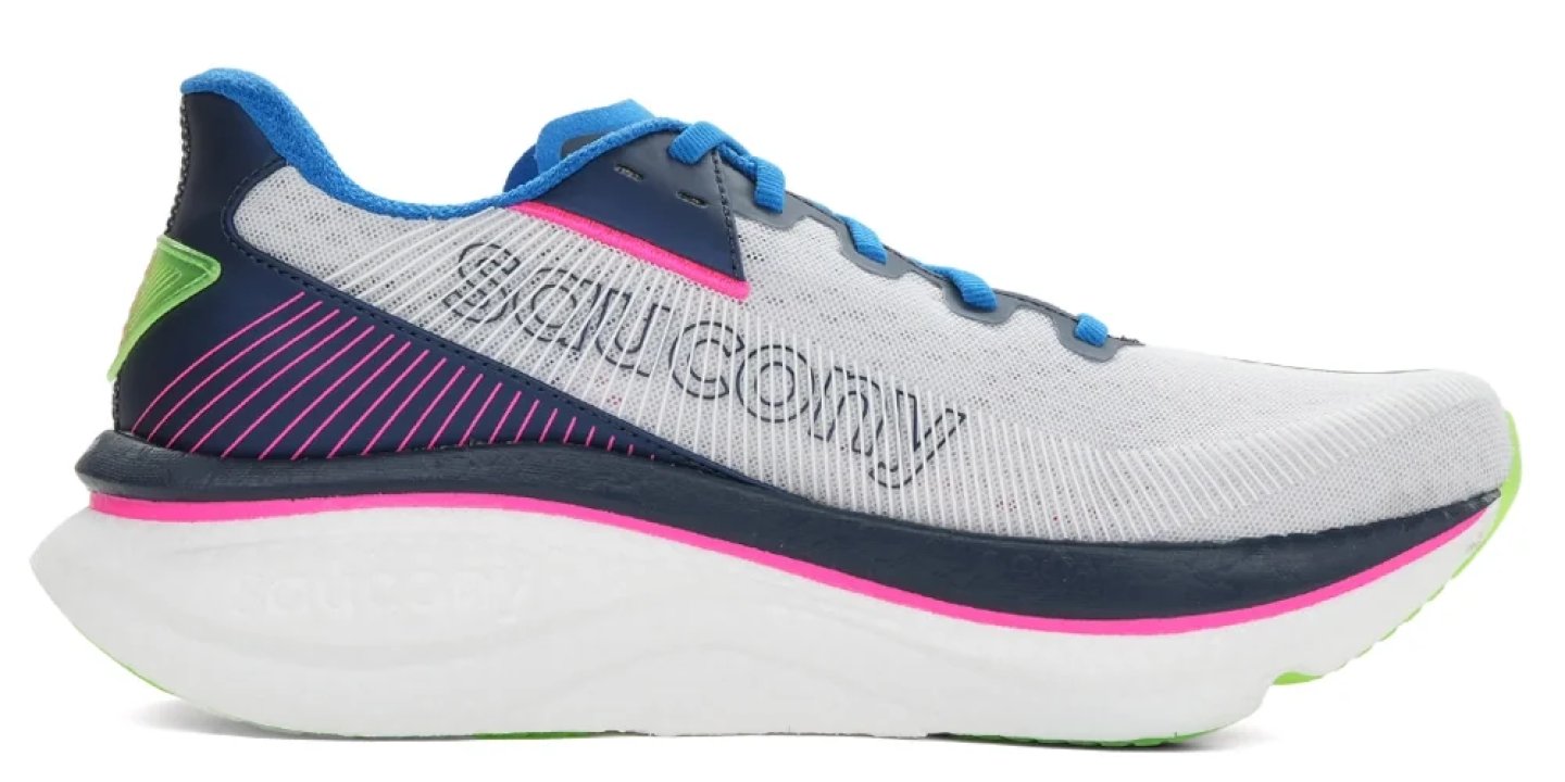 Saucony running shoe in white and navy with pink, green, and blue accents, shown from the lateral side.