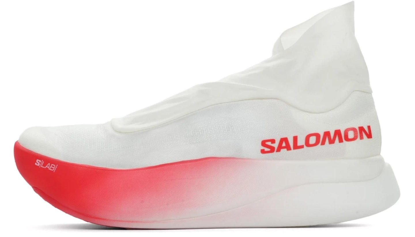 Salomon S/Lab Phantasm running shoe in white with red fade midsole, sock-like upper, lateral view