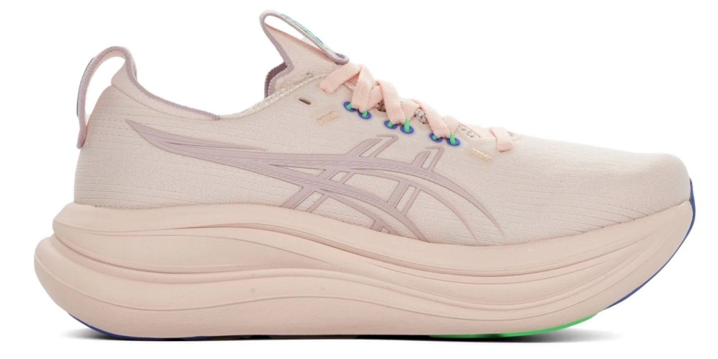 ASICS Gel-Nimbus 28 women's running shoe in pale pink with signature Gel-Nimbus branding and stacked midsole
