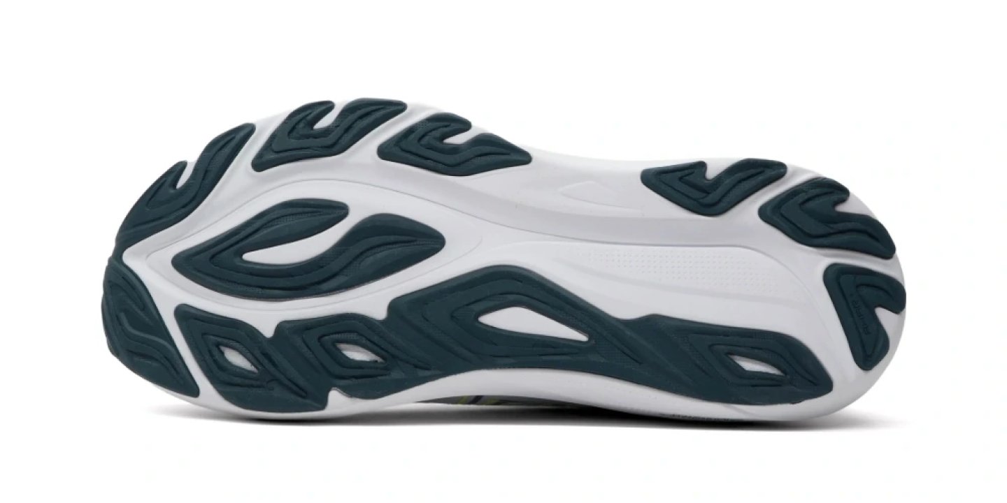 Bottom view of the ASICS GT-2000 14 running shoe outsole with teal rubber lug pattern on a white midsole base.