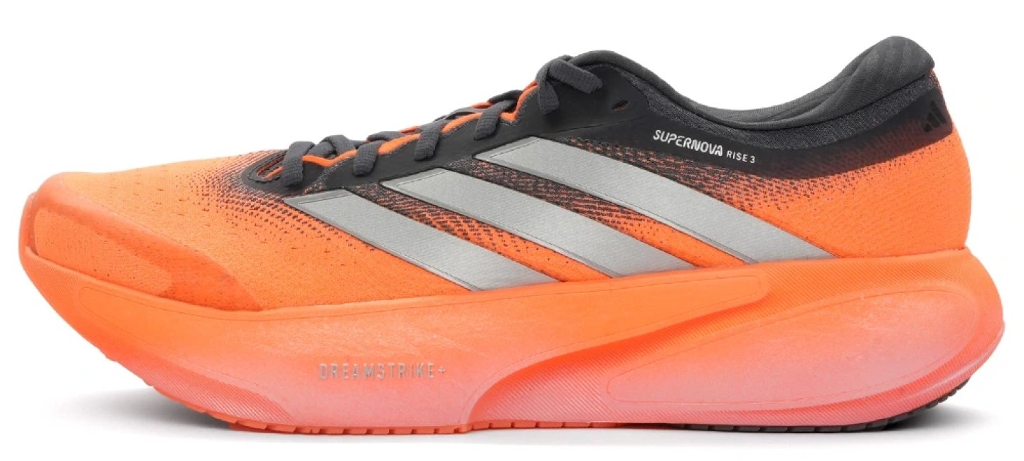 Adidas Supernova Rise 3 running shoe in orange with silver three stripes and Dreamstrike+ midsole, lateral view