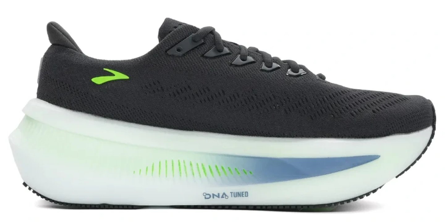 Brooks Glycerin Max running shoe in black with green accents and white DNA Tuned midsole, lateral side view