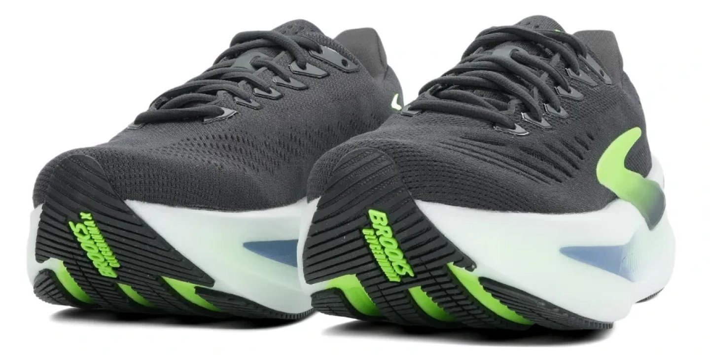 Brooks Glycerin Max running shoes in dark grey and electric green, front three-quarter view showing knit upper and chunky midsole