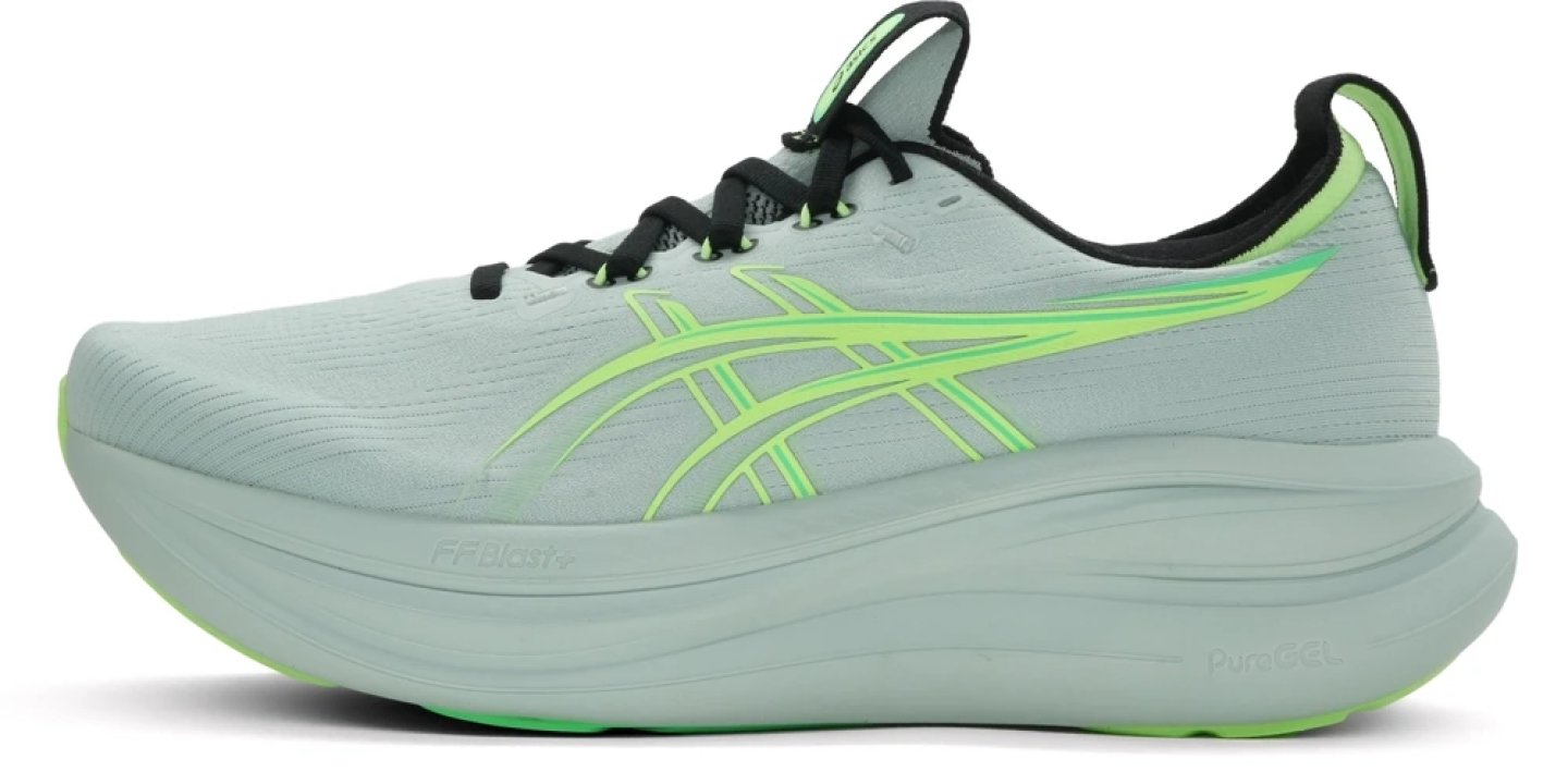 ASICS Gel-Nimbus 28 running shoe in mint green with neon lime Swoosh logo, FF Blast+ midsole, lateral view