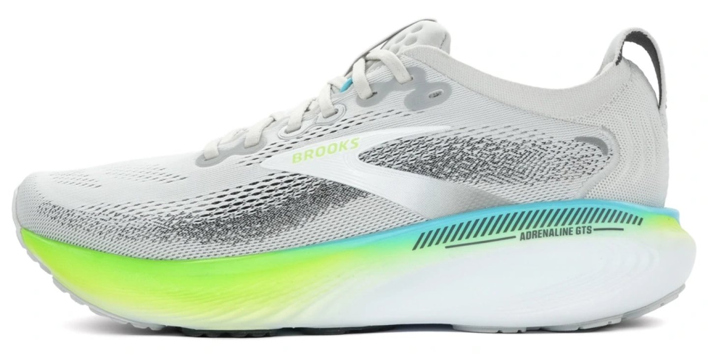 Brooks Adrenaline GTS 25 running shoe in white with neon green and aqua blue midsole, lateral view