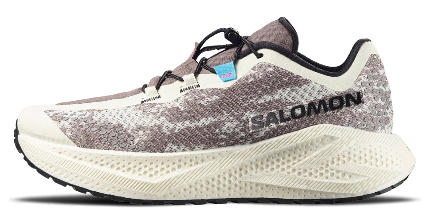 Salomon AeroGlide GRVL 4 running shoe in cream and taupe with patterned knit upper, lateral view