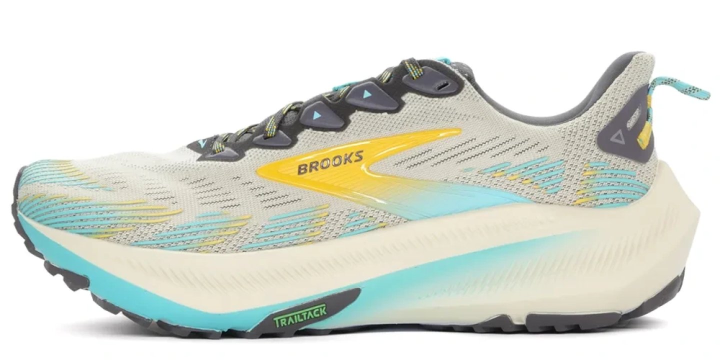 Brooks Ghost Trail men's running shoe in grey, teal and yellow colourway with TrailTack outsole, lateral view