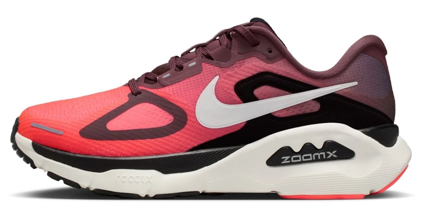 Nike Structure Plus running shoe in coral red and dark maroon with white ZoomX midsole and white Swoosh logo