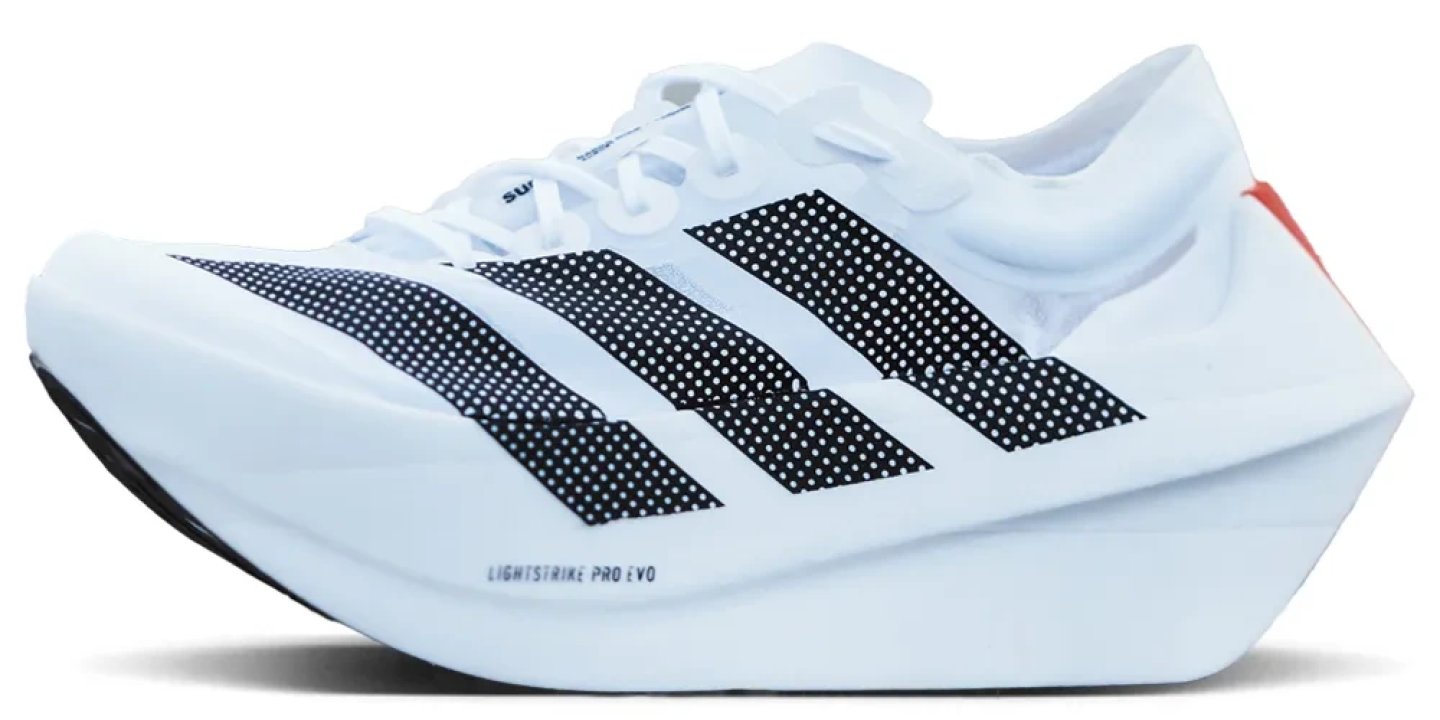 Adidas Adizero Prime EVO X running shoe in white with black three-stripe detailing and orange heel accent, lateral view