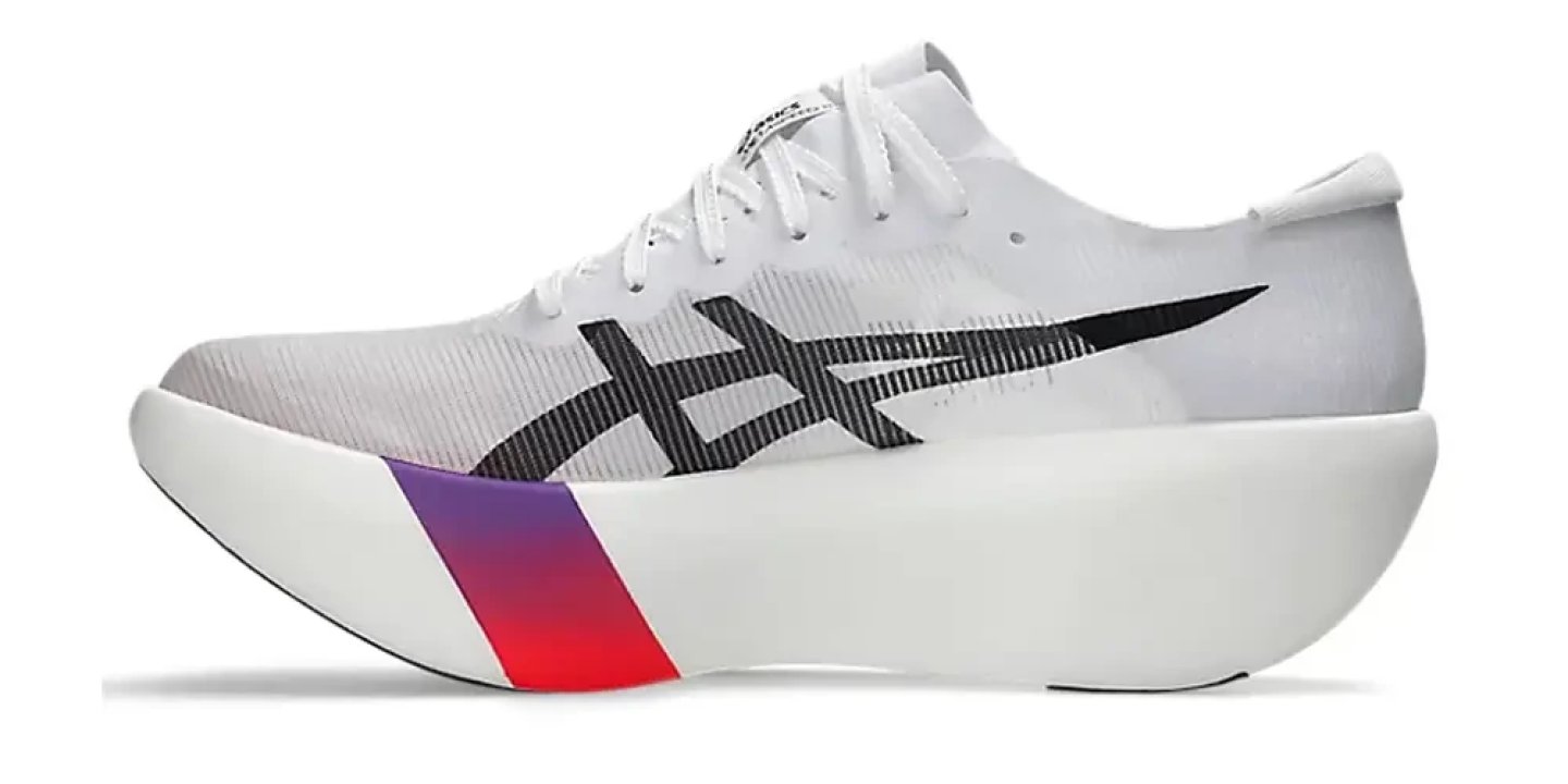 ASICS Metaspeed Ray running shoe in white and black with purple-to-red gradient midsole stripe, lateral view