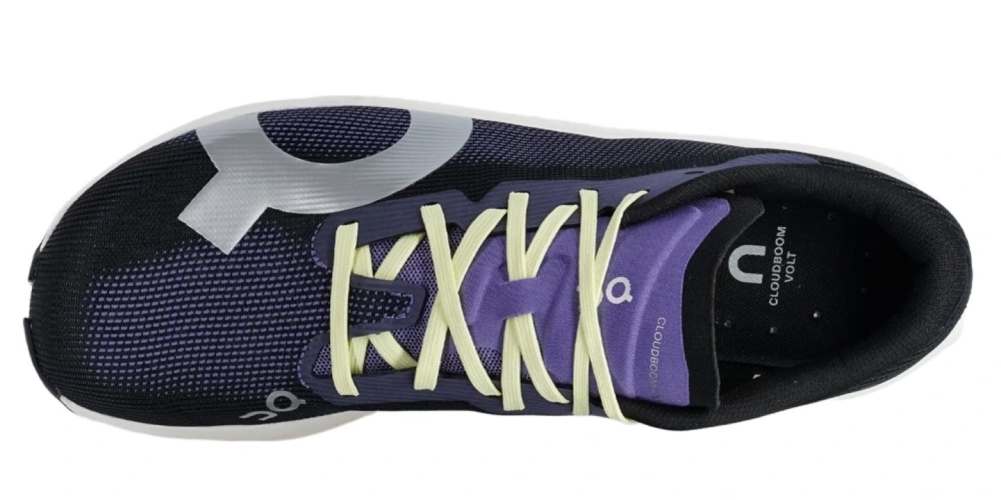 On Cloudboom Volt running shoe top view, black and purple mesh upper with lime yellow laces and On branding