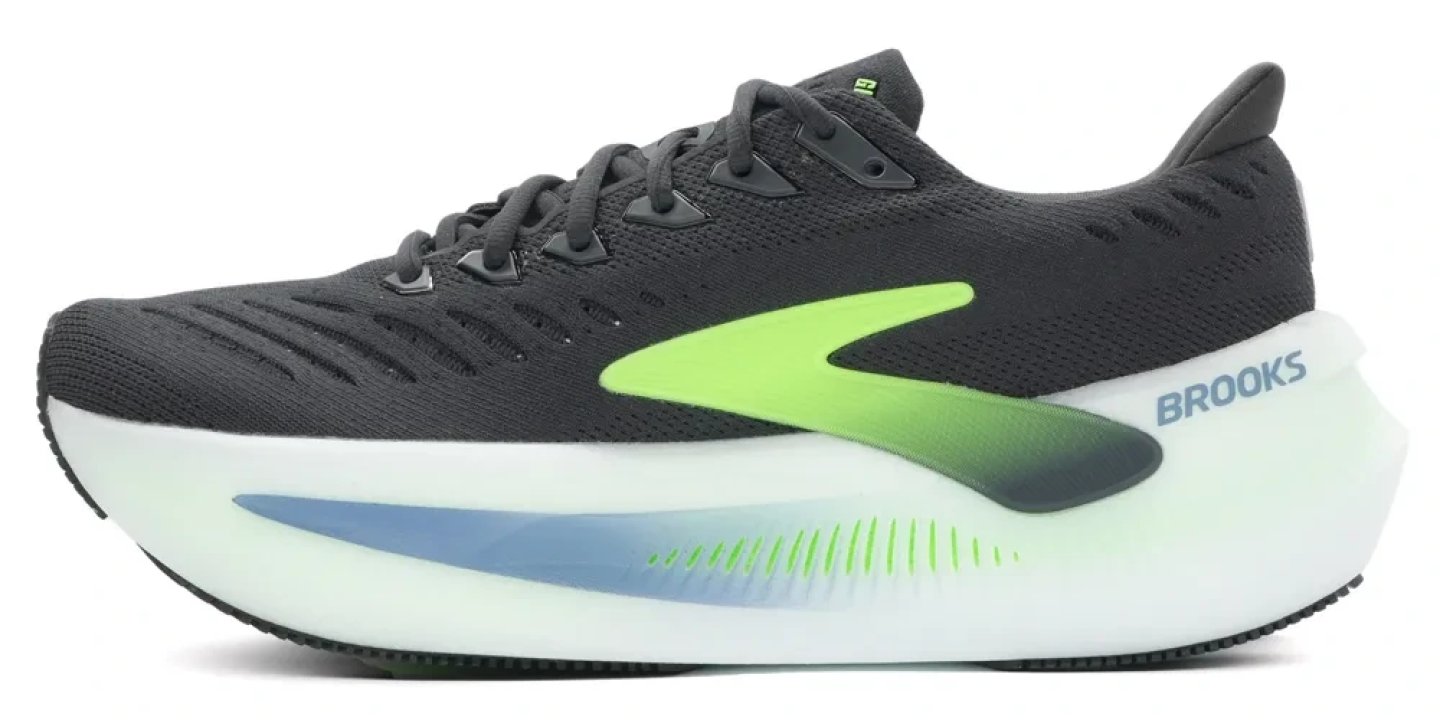 Brooks Glycerin Max running shoe in dark grey with neon green logo and white maximal cushioning midsole, lateral view