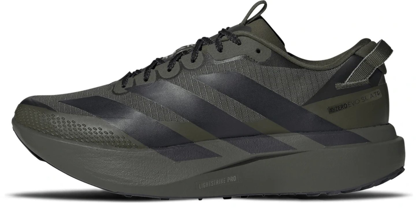Adidas Adizero EVO SL ATR running shoe in olive green with black Three Stripes and Lightstrike Pro midsole, lateral view