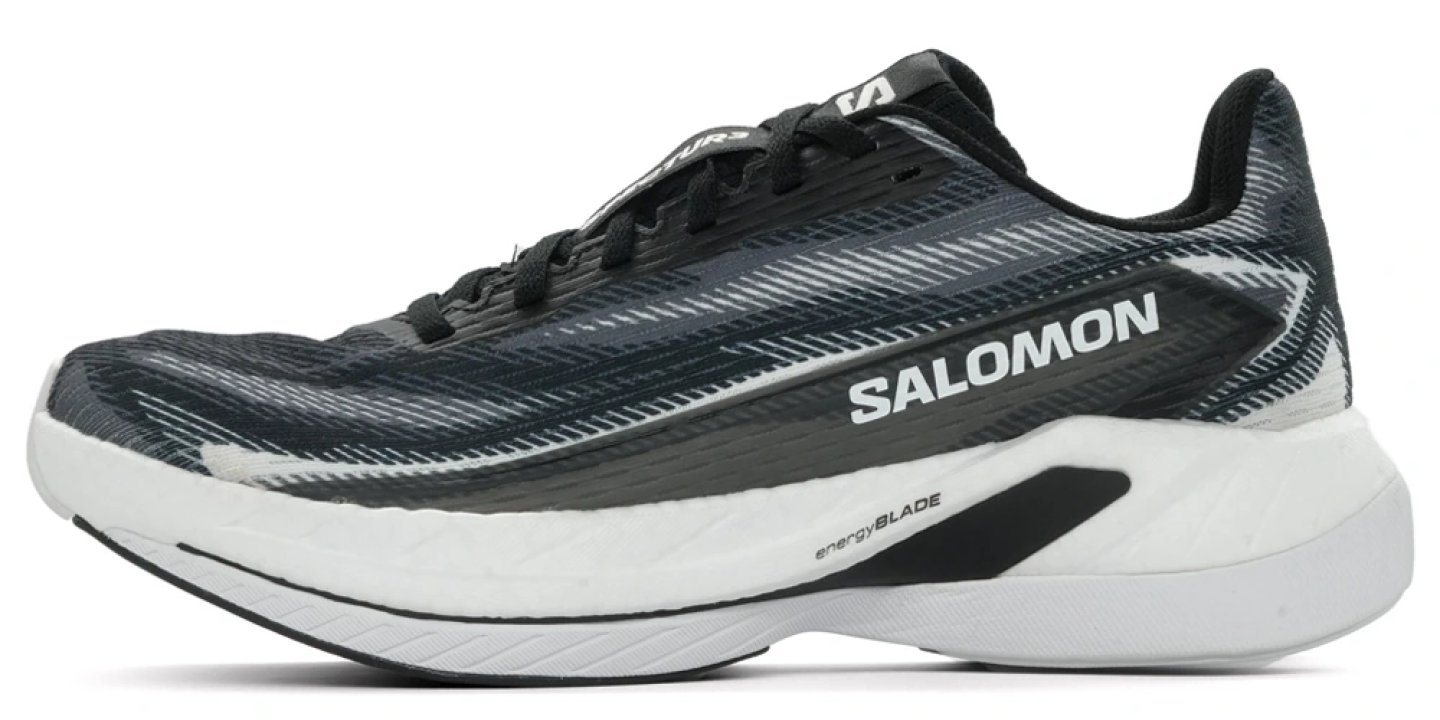 Salomon Spectur 3 road running shoe in black and white with energyBLADE midsole, lateral side view