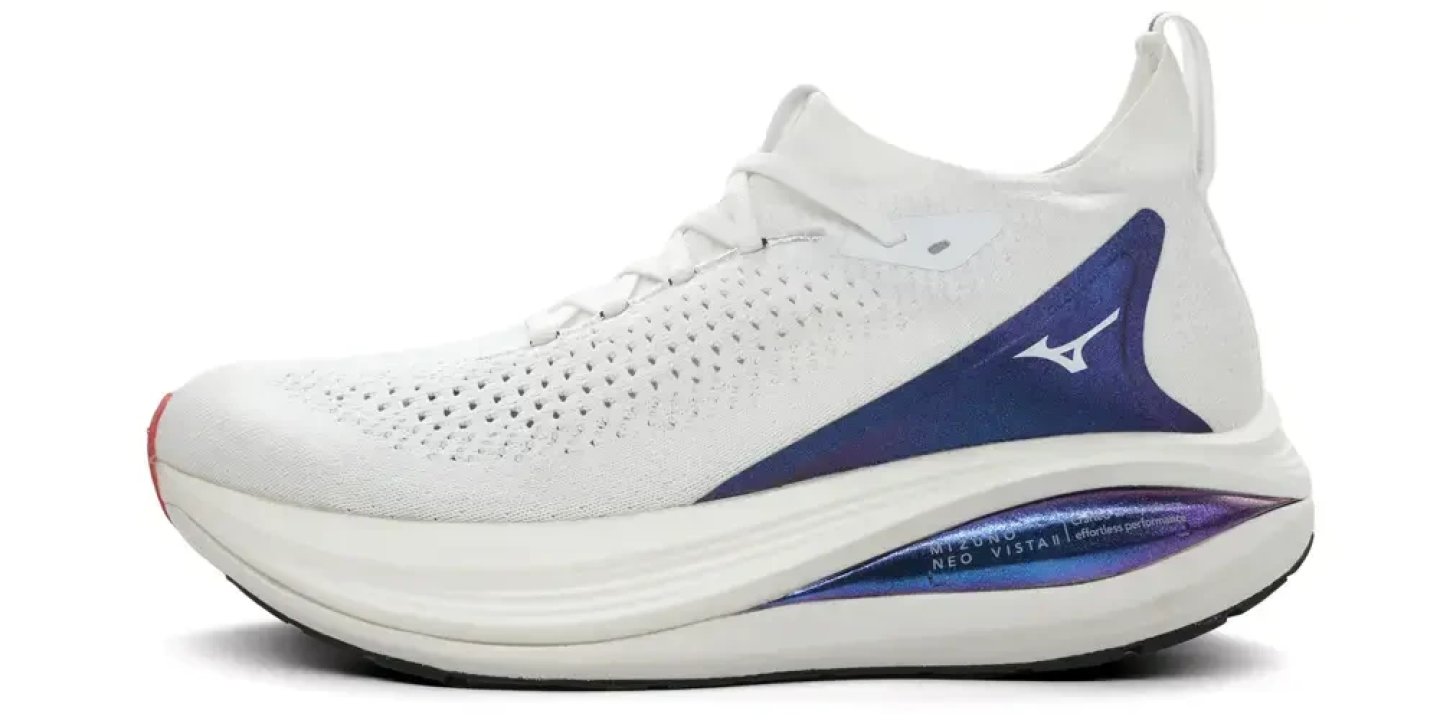 Mizuno Neo Vista 2 running shoe in white with iridescent blue heel panel and curved midsole, lateral view