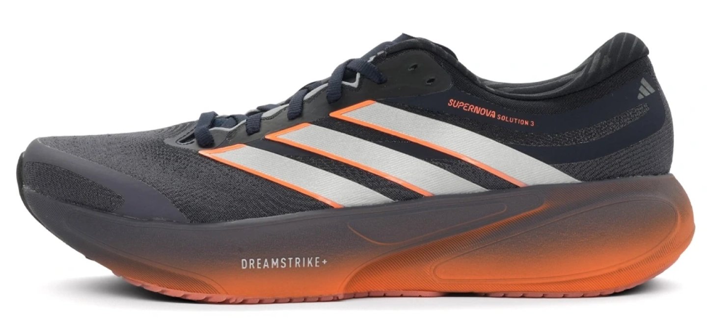 Adidas Supernova Solution 3 men's running shoe in navy and grey with orange Dreamstrike+ midsole, lateral view
