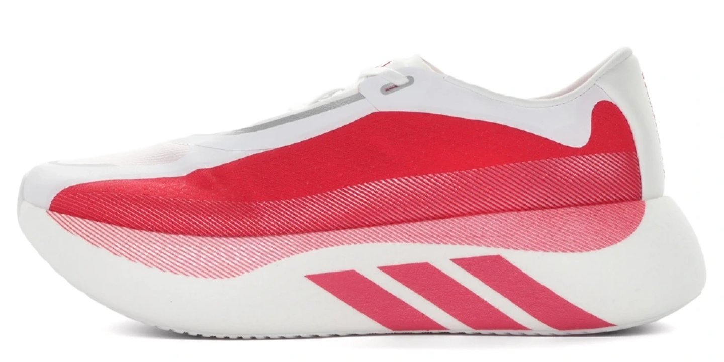 Adidas Hyperboost Edge running shoe in white and red, lateral view showing chunky midsole and three-stripe branding