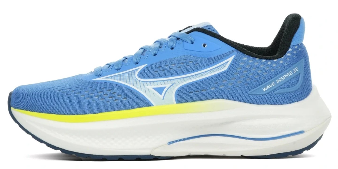 Mizuno Wave Inspire 22 running shoe in blue and white with yellow midsole accent, lateral side view